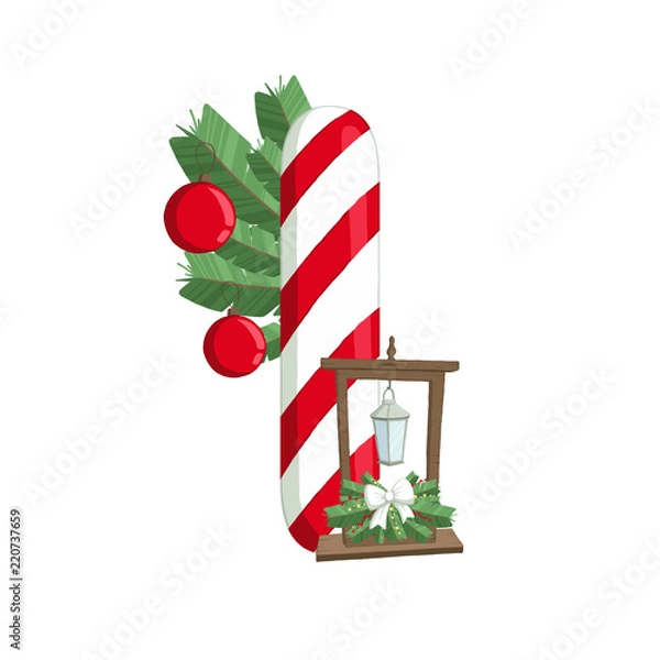 Fototapeta Christmas alphabet. Illustration of letter I with tree and decorations. use for postcards, wallpapers, textiles, scrapbooking, decoration, invitations, background, holiday.