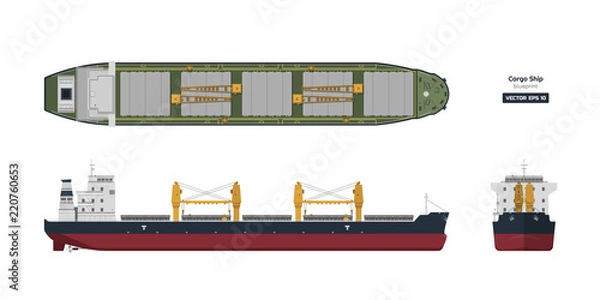 Fototapeta Statek towarowy na białym tle. Widok z góry, z boku iz przodu. Transport kontenerowy w stylu płaskiej. Rysunek przemysłowy tankowca. Plan statku