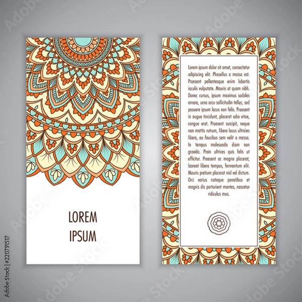 Fototapeta Greeting card or Invitation template with ethnic mandala ornament. Hand drawn vector illustration