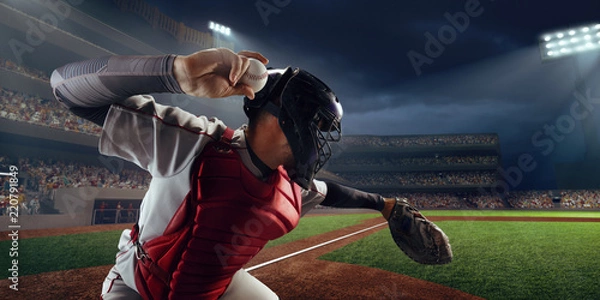 Obraz Baseball player throws the ball on professional baseball stadium