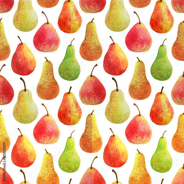 Fototapeta Ripe red yellow and green pear fruit painted with watercolor on white background seamless pattern
