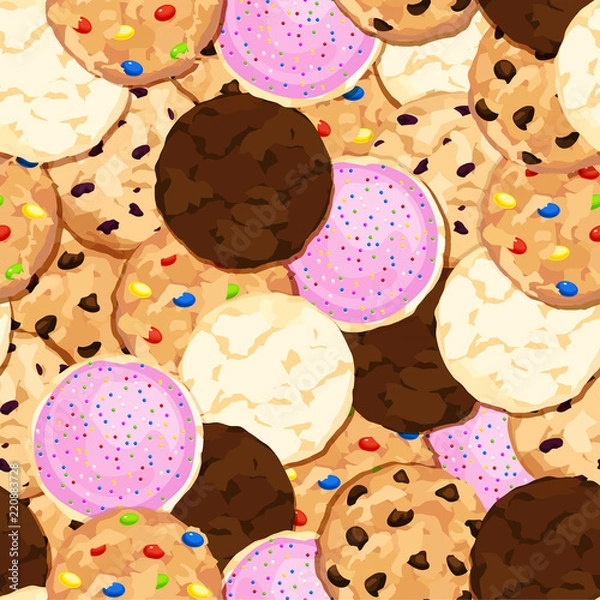 Obraz Seamless background of assorted cookies: chocolate chip, fudge, sugar, candy, sprinkled and frosted, and oatmeal raisin. Vector illustration.