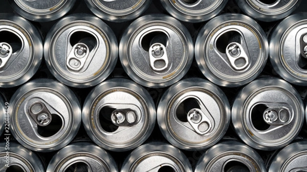 Fototapeta Stack of empty aluminum beer cans, front side view, close up, macro.