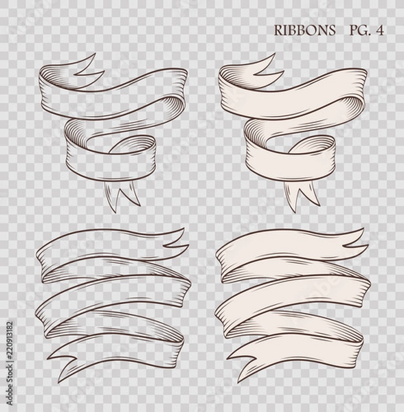 Fototapeta Set of vintage hand drawn ribbons on the sham transparent background. Collection of retro labels, banners and logo elements. Logotype design. Vector illustration.