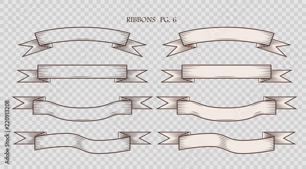 Fototapeta Set of simplified vintage hand drawn ribbons isolated on the sham transparent background. Collection of retro labels, banners and logo elements. Logotype design. Vector illustration.