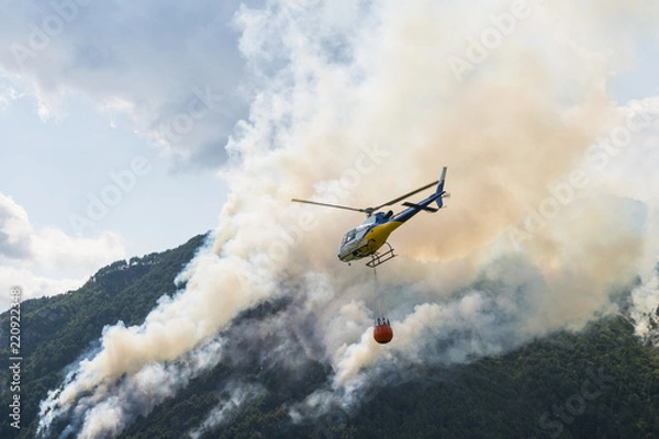 Fototapeta Aerial firefighting with helicopter on a big wildfire in a pine forest