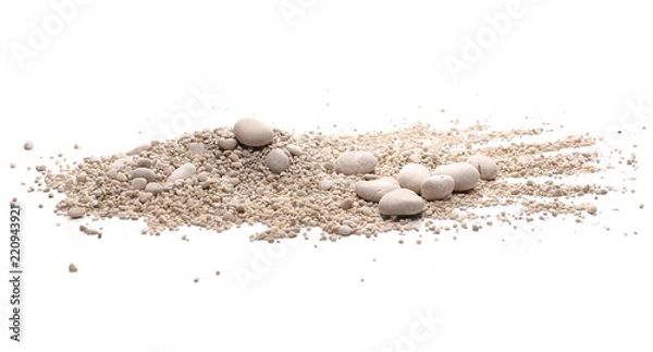Obraz Seaside sand pile with rocks, pebbles isolated on white background and texture