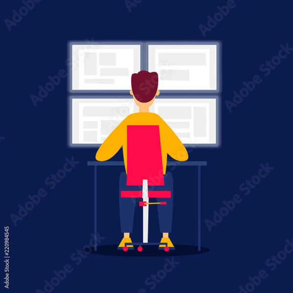 Fototapeta Guard sits and looks at the monitors. Flat style vector illustration.