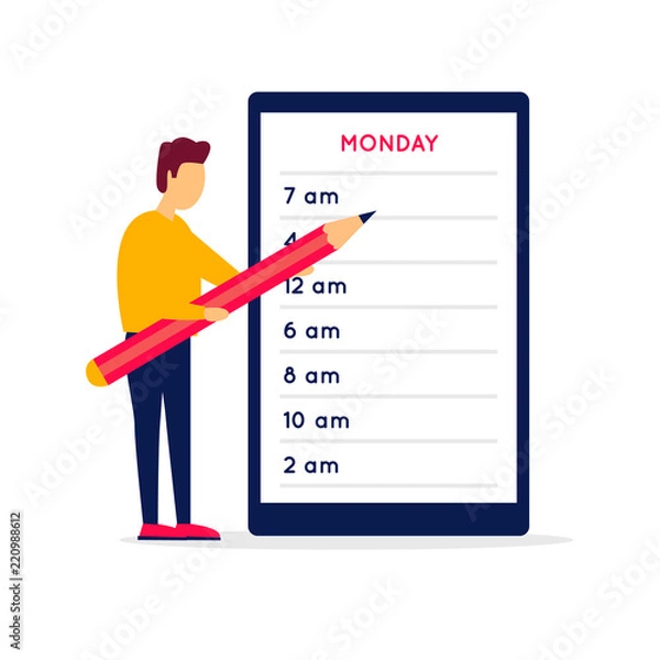 Fototapeta Schedule, the guy puts the marks on the phone, the calendar. Flat style vector illustration.