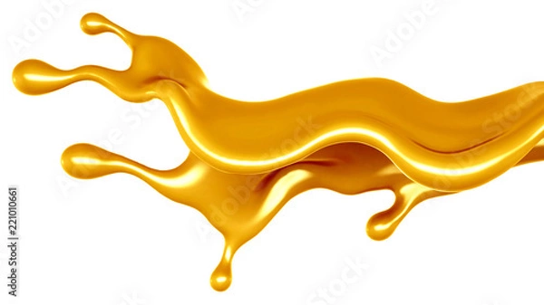 Fototapeta Golden yellow splash of caramel. 3d illustration, 3d rendering.