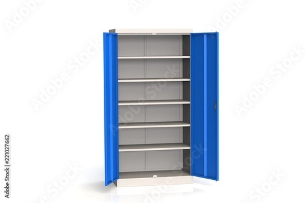 Fototapeta Metal cabinet with shelves for tools. Fireproof shelving for documents. 3D model rendering.