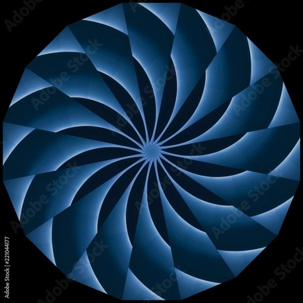 Fototapeta Light blue and dark blue spiral abstract pattern with dark background. Decorative element, web design, meditation, kaleidoscope, illusion.