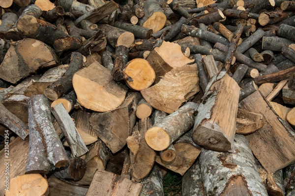 Fototapeta Background of stacked, dry chopped logs used for firewood.