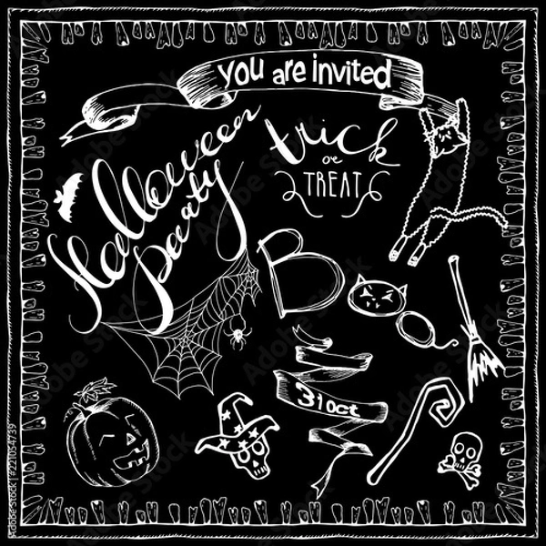 Fototapeta set of Halloween hand drawn elements, lettering and zombee teeth frame. Hand drawn sketches for your design of poster, cards, invitations, cover template of greeting card. Chalk drawing on blackboard