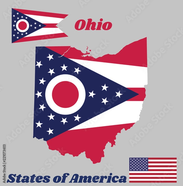 Fototapeta Map outline and flag of Ohio, Guidon consisting of 5 horizontal stripes alternating between red and white. The chevron is azure containing a white and red "O" and stars. With American flag.