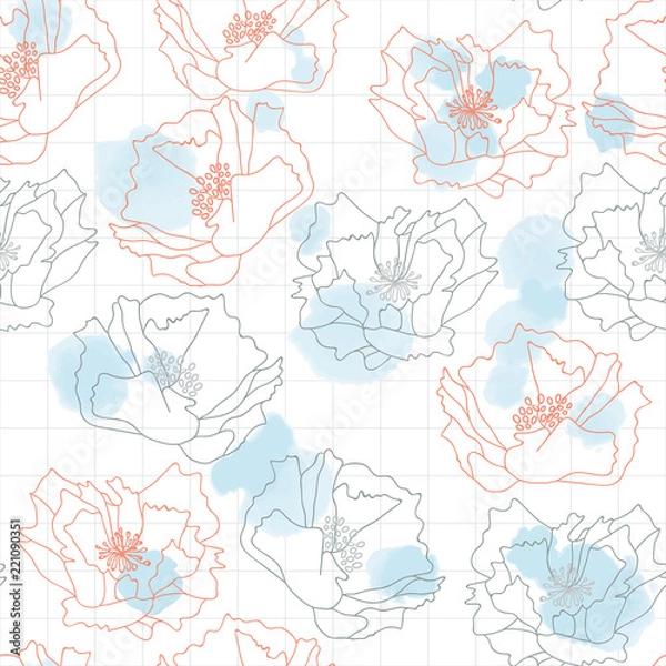 Fototapeta Poppy flowers on abstract watercolor splashes background. Floral vector seamless pattern with hand drawn  flowers.