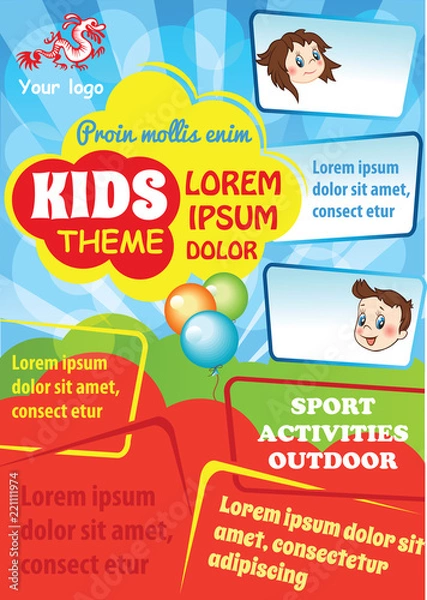 Fototapeta Kid advertising template with space for text. Colorful vector flyer design. Kid education theme. School poster layout