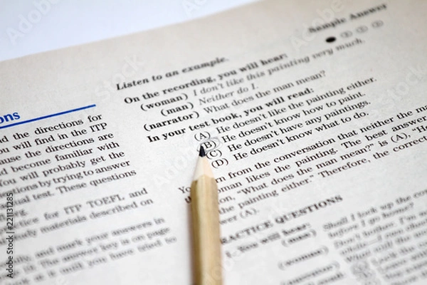 Fototapeta TEST. English test choose the right answer. English grammar test sheet. Multiple choice test. Exam for students in school, college and university. USA or English Education concept. answer sheet