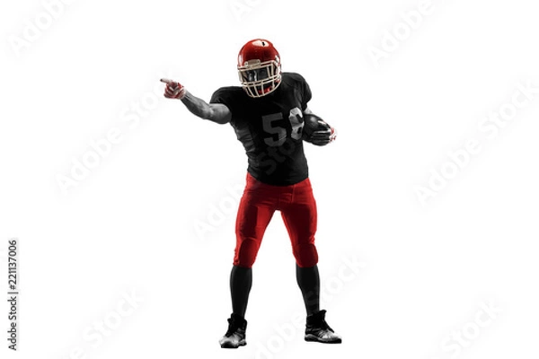 Fototapeta Active one american football player isolated on white background. Fit caucasian man in uniform posing over studio background. Human emotions and facial expressions concept