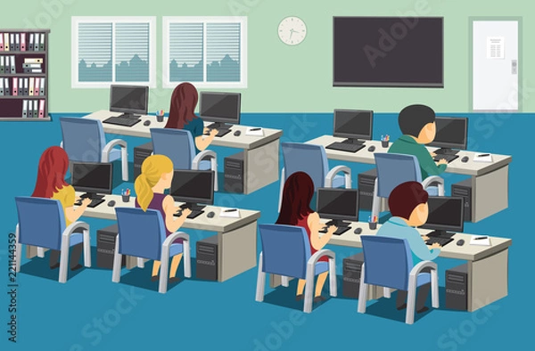 Fototapeta Interior of education Center. Company staff training. School room with student and computers. Vector cartoon simple illustration.