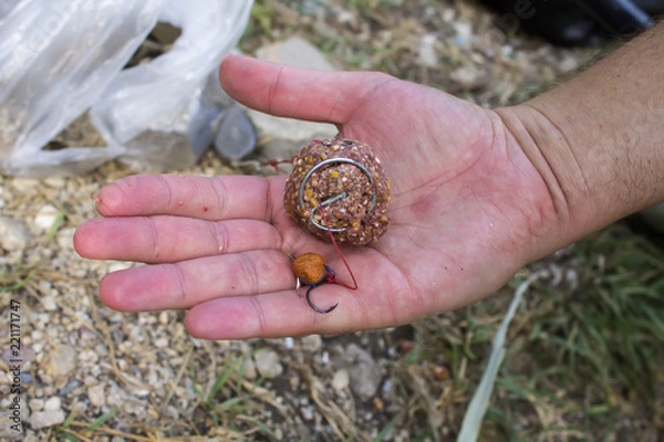 Fototapeta  Hook for fishing with bait in the fisherman's hand close-up