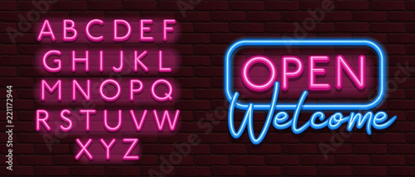 Fototapeta Neon Banner alphabet font bricks wall open welcome