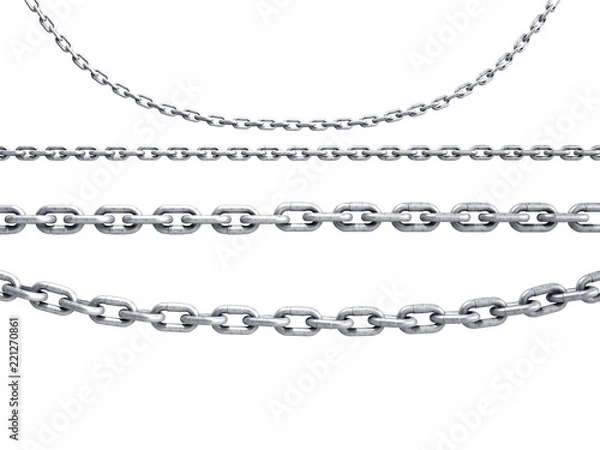 Fototapeta collection of seamless metal chains colored silver 3d render on white