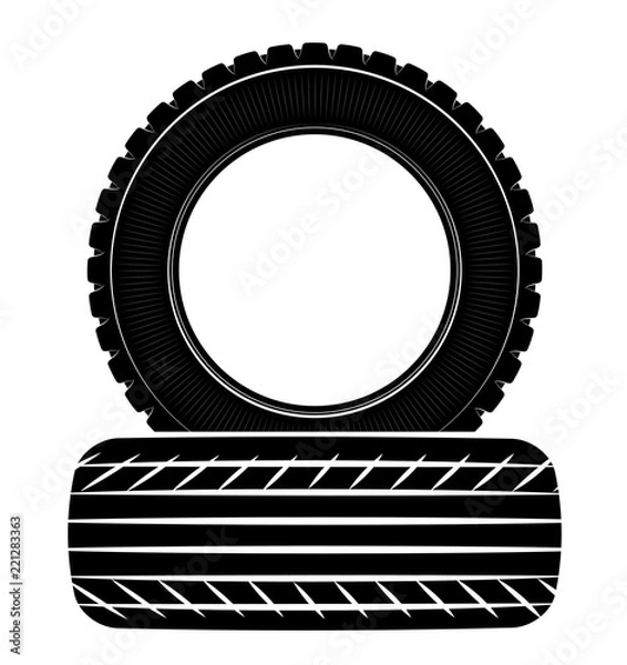 Obraz Wheels and tires are black. For a logo or emblem of a tire store or car workshop. For tire fitting