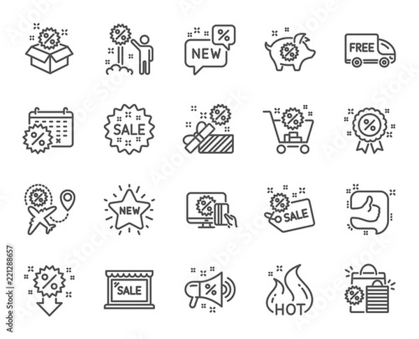 Fototapeta Discount line icons. Set of Shopping, Sale and New linear icons. Free delivery, Flight sale and Black friday discount symbols. Hot offer, Airplane and new store. Online shopping. Clearance. Vector