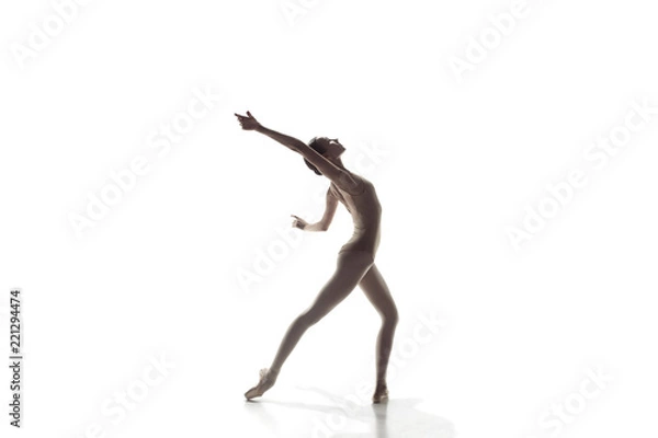 Obraz Young graceful female ballet dancer or classic ballerina dancing isolated on white studio. Caucasian model on pointe shoes