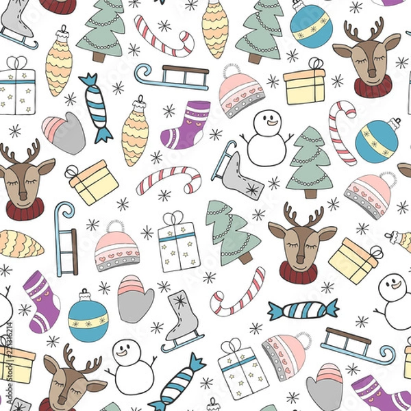 Fototapeta Christmas seamless color patterns. Painted Christmas items: Christmas tree, candy, Christmas toy, gift box, skates, sled, deer, winter hat, warm socks, garland and snowflakes. Vector illustration.