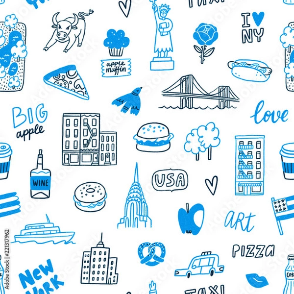 Fototapeta New York blue doodle seamless pattern