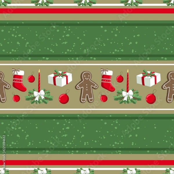Fototapeta Christmas illustration pattern with decorations, sock, gifts, gingerbread man. use for postcards, wallpapers, textiles, scrapbooking, decoration, invitations, background, holiday.