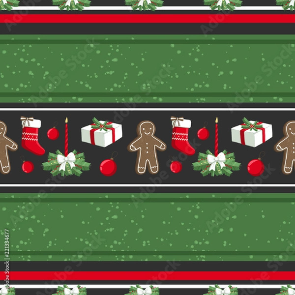 Fototapeta Christmas illustration pattern with decorations, sock, gifts, gingerbread man. use for postcards, wallpapers, textiles, scrapbooking, decoration, invitations, background, holiday.