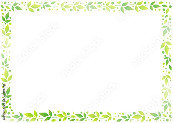 Fototapeta White background with decorative frame of green leaves and dots for decoration, scrapbooking paper, sheet of book or notebook, wedding invitation, greeting card, text, family tree