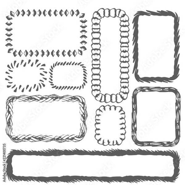 Fototapeta Set of grunge rectangular frames. Hand drawn ink texture. Isolated.