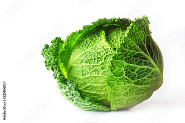 Obraz Savoy cabbage (Brassica oleracea L. convar, capitata var., Sabauda), isolated on white background. Slows the growth of malignant tumors. Add to your diet. Selective focus, copy space.