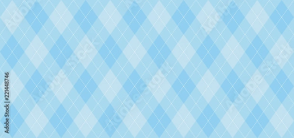 Obraz Wzór wektorowy Argyle. Jasnoniebieski z cienką białą przerywaną linią. Bezszwowe tło geometryczne dla tkanin, tekstyliów, odzieży męskiej, papieru do pakowania. Tło dla karty zaproszenie na przyjęcie małego mężczyzny (chłopca)