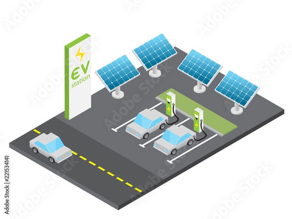 Obraz Izometryczna stacja ładowania pojazdów elektrycznych z koncepcją energii słonecznej, izolowany wektor