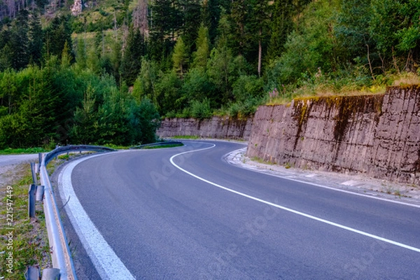 Fototapeta asphalted road leading up to the mountains in forest
