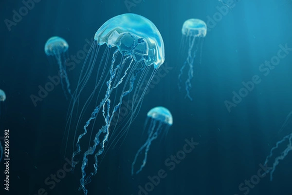 Fototapeta 3D illustration background of jellyfish. Jellyfish swims in the ocean sea, light passes through the water, creating the effect of volume-rays. Dangerous blue jellyfish