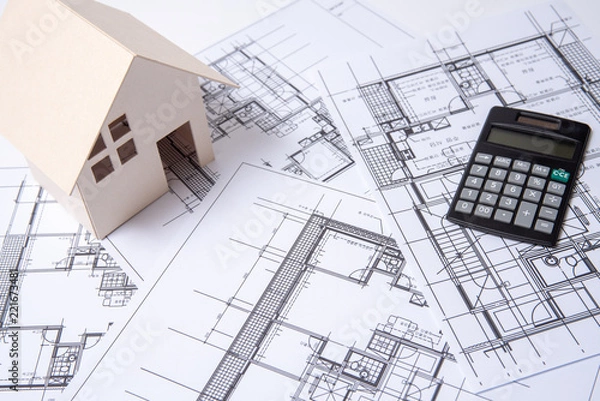 Obraz heap of design and project drawings on table background.