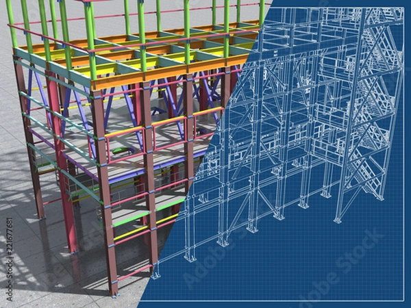 Fototapeta BIM model of a building made of metal structure. 3D architectural, construction, industrial and engineering background. Modern design drawings. 3D rendering. Blueprint.