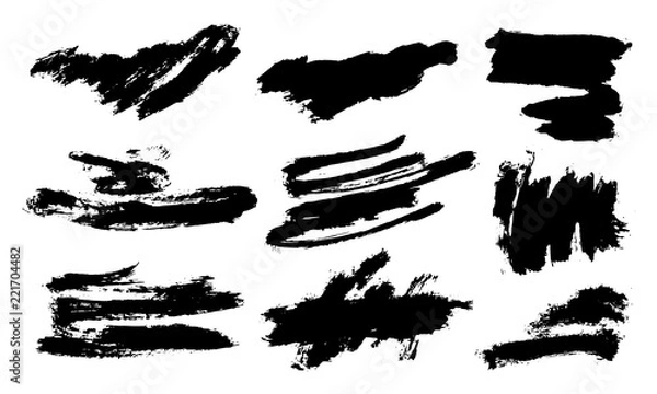 Fototapeta Set of black paint, ink brush strokes, brushes, lines. Dirty artistic design elements, boxes, frames for text