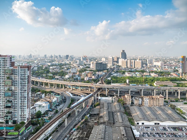 Fototapeta  Aerial view of city, Landscape of Bangkok city skyline in Aerial view with skyscraper, with beautiful sky, Bangkok at night time, Bangna Bangkok, Thailand.