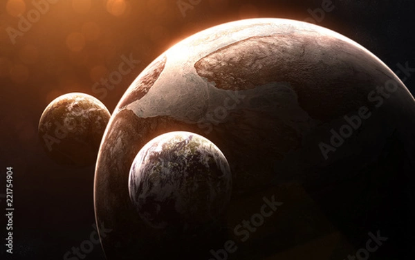 Fototapeta Cold exoplanet with two moons in light of red star. Abstract science fiction. Elements of the image are furnished by NASA