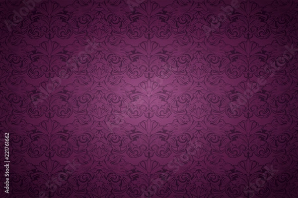 Fototapeta fiolet, marsala, fioletowe tło, królewski z klasycznym barokowym wzorem, rokoko z przyciemnionymi krawędziami w tle (kartka, zaproszenie, baner). format poziomy
