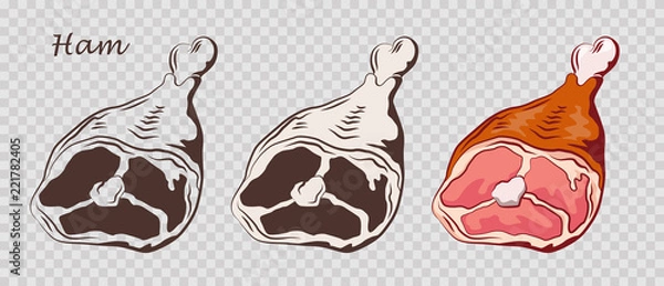 Fototapeta Ham hock. Pork knuckle isolated on the pseudo transparent background. Meat on the bone. Set of outline, black and white, colored images. Vector illustration. Icon, emblem, logo element.