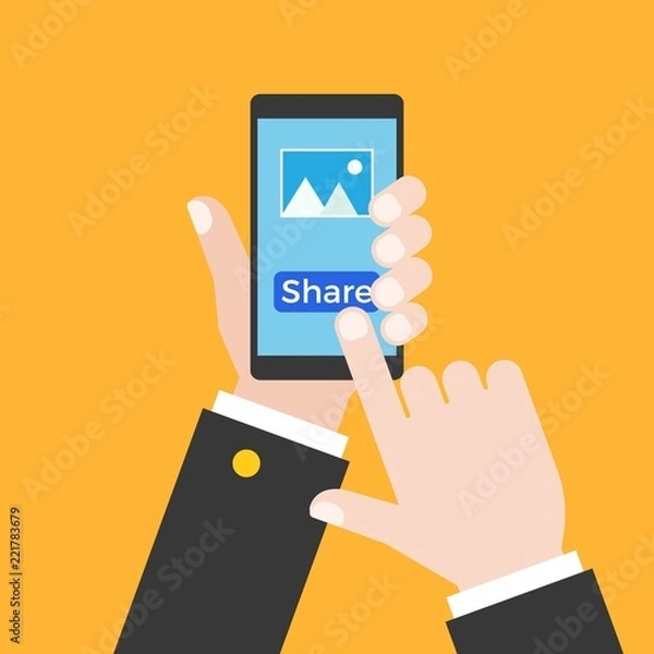 Fototapeta business hand holding smart phone and touch at screen for share photo from share button, flat design, concept