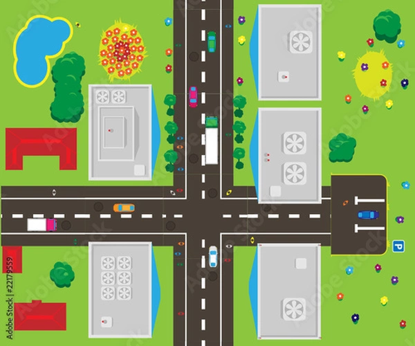 Obraz City with roads, sidewalks, parks.